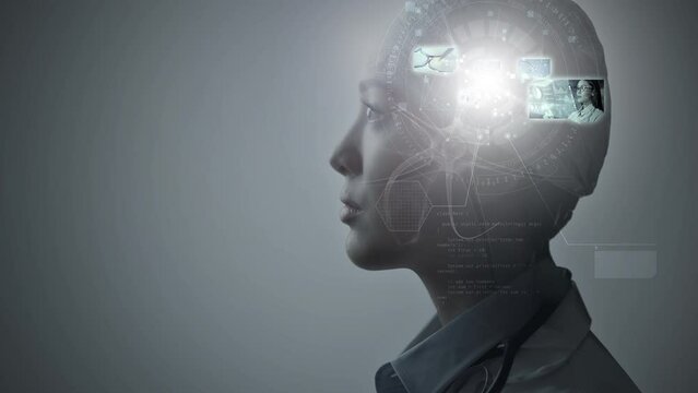 Female doctor head profile with a futuristic graphic interface and medical research images spreading around. Concept of deep learning, expertise and innovation in medical technology.