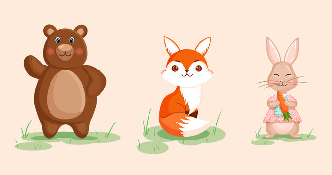 Set of forest animals bear, hare, fox and rabbit. Vector illustration