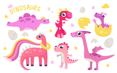 Cute pink dinosaur set vector illustration. Cartoon isolated adorable dino characters for childish collection of kindergarten decoration, funny prehistoric baby animal in egg, little tyrannosaurus