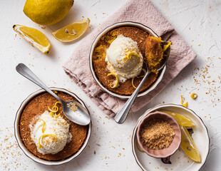 dessert cake still life with ice cream and lemon