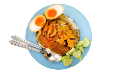 Top view of Barbecued red pork in sauce with rice, focus selective