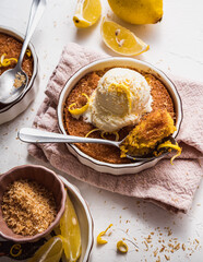 dessert cake still life with ice cream and lemon