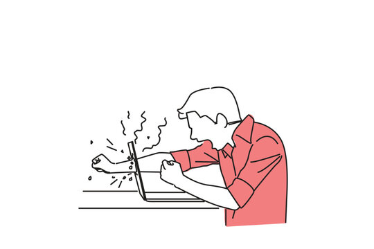 recommend clip art: Drawing of angry businessman throws a punch into computer, screaming. Negative human emotions concept. Single line art style