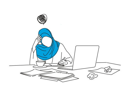 recommend clip art: Drawing of tired young muslim business woman feeling stressed holding head with hands. Single continuous line art