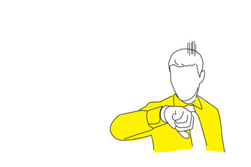 Drawing of anxious businessman in a hurry checking time, he is late for his business appointment. Single line art style