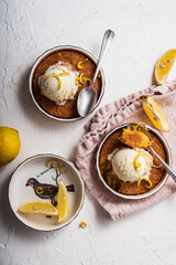 dessert cake still life with ice cream and lemon