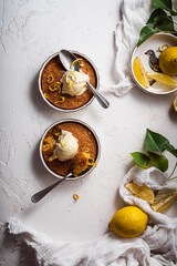 dessert cake still life with ice cream and lemon