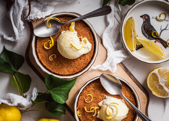 dessert cake still life with ice cream and lemon