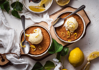 dessert cake still life with ice cream and lemon