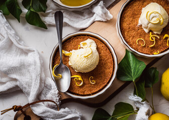 dessert cake still life with ice cream and lemon