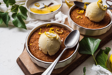 dessert cake still life with ice cream and lemon