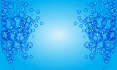 Blue background and many bubbles. Light blue gradient center with empty space. Small and large bubbles float in the air.