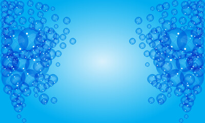 Blue background and many bubbles. Light blue gradient center with empty space. Small and large bubbles float in the air.