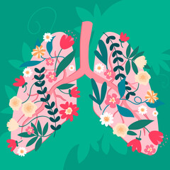 Healthy lungs, creative environmental art poster vector illustration. Cartoon bright colorful spring flowers, tree branches with green leaves inside abstract human lungs background. Health concept
