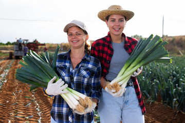 Portrait of two happy women with leek harvest in their hands in a farmer field