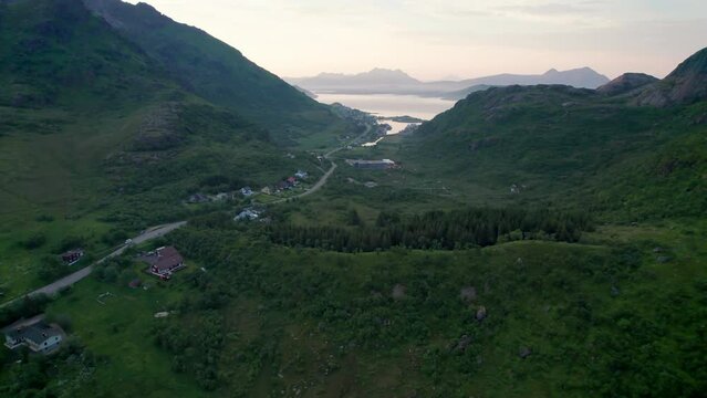 Aerial forwarding shot towards Napp in Lofoten, Northern Scandinavia