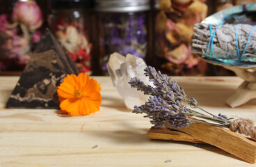 Dried Lavender With Palo Santo Wood and Abalone Shell For Smudging Ritual