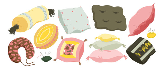 Pillows and colorful cushions set vector illustration. Cartoon comfy cute interior collection of square, round geometric shape to sleep and relax isolated on white. Decorative objects concept