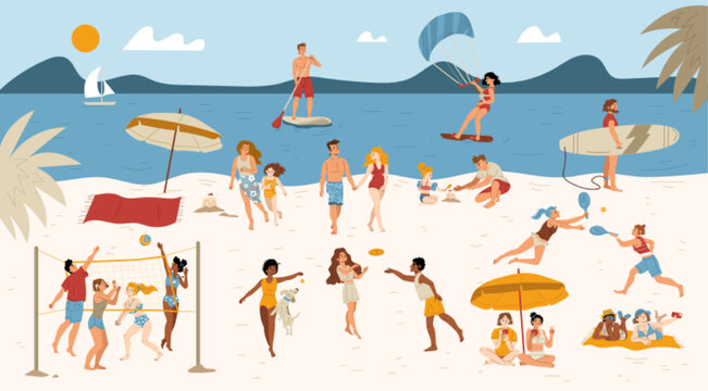 People on beach, characters performing summer sports and leisure outdoor activities at sea or ocean shore. Men, women and kids playing games, enjoying water sport, Line art flat vector illustration