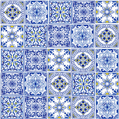 Hand drawn watercolor seamless pattern with blue white azulejo Portuguese ceramic traditional tiles. Ethnic portugal geomentric indigo repeated wall floor ornament. Arabic ornamental background. - obrazy, fototapety, plakaty
