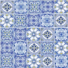 Tapeten Hand drawn watercolor seamless pattern with blue white azulejo Portuguese ceramic traditional tiles. Ethnic portugal geomentric indigo repeated wall floor ornament. Arabic ornamental background. © Marina Lahereva
