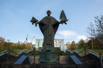 St Nicholas the Wonderworker monument in Murmansk, It is revered as the patron Saint of sailors, fishermen and soldiers of the Northern fleet - obrazy, fototapety, plakaty