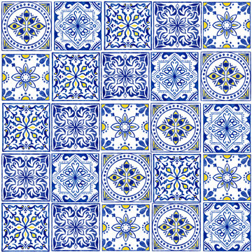 Hand drawn watercolor seamless pattern with blue white azulejo Portuguese ceramic traditional tiles. Ethnic portugal geomentric indigo repeated wall floor ornament. Arabic ornamental background.