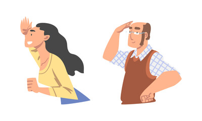 Looking Into Future Man and Woman Character with Hand on Forehead Vector Set