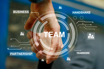 Business partnership handshake teamwork concept. Two coworkers handshaking process of interaction conclude deal in team.