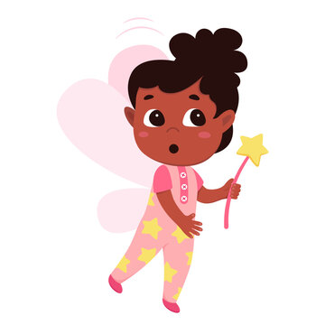 Tooth fairy flying vector illustration. Cartoon isolated little godmother character visiting baby for medical dental care, funny child princess with butterfly wings holding magic wand with star
