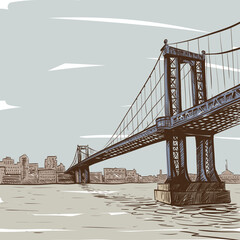  Hand drawn bridge. New York city, vector illustration