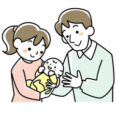 赤ちゃんを抱く若い母親と見守る若い父親の上半身