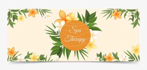 Fototapeta premium Spa therapy twitch banner template. Design horizontal cover with exotic flowers, bamboo leaves post social media. Spa therapy, health, natural, relax, beauty care cover vector illustration