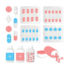 Medical set with pills in plastic package. Flat icon isolated on white background. Vector illustration.