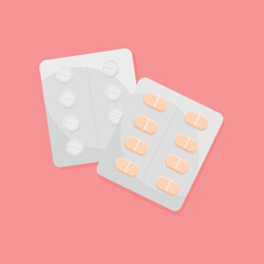 Pills in plastic package flat icon isolated on pink background. Vector illustration.