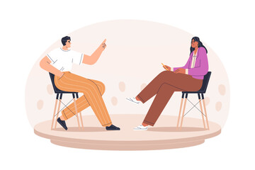 Interview, dialog, conversation with celebrity guest in chair in TV studio. Person talking, speaking to journalist, interviewer, television host. Flat vector illustration isolated on white background