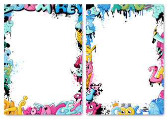 Colorful cute graffiti frame, poster or poster layout, art covers. Graphic set of street art with tags and graffiti with effect. A collection of street art background images. Urban graffiti banners.
