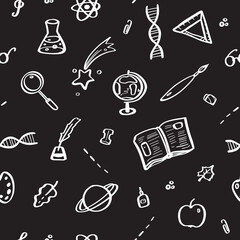 Vector seamless pattern - Back to School. White doodles on black background.
