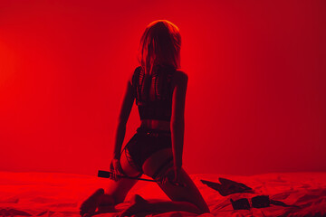slender girl with a sexy ass in beautiful underwear sits sexy on bed with a whip, handcuffs and a mask for BDSM sex - obrazy, fototapety, plakaty