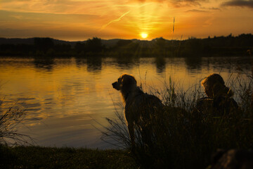Sonnenuntergang am See mit Hund