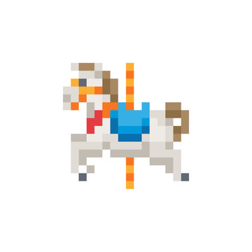 Сarousel horse pixel art icon. Merry go round horse, French carousel, Retro carousel, Parks, Funfair carnival. Isolated vector flat illustration. Design for logo, sticker and app.