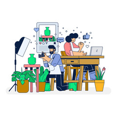 Fototapeta premium Woman Managing Vase and Plant Online Shop and Man Taking Picture of Their Store Products