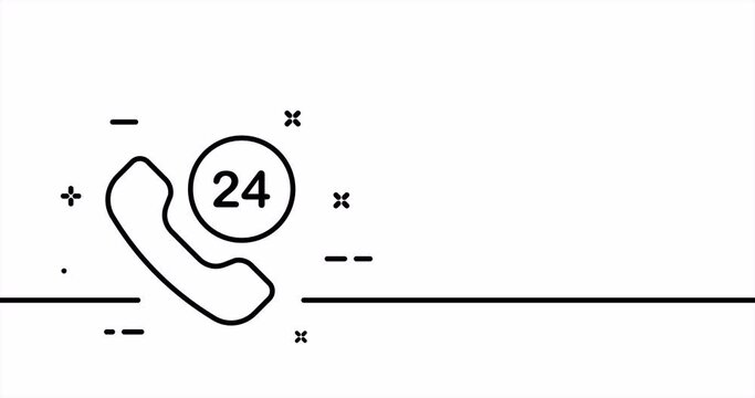 Handset with 24 text. Landline phone, around the clock, dialogue, contact us, phone, communication, connection. One line drawing animation. Motion design. Animated technology logo. Video 4K
