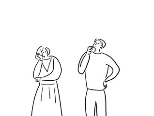 男女の感情（考える、悩む）、横、線画