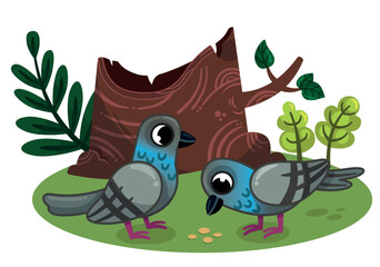 Vector illustration of two pigeons in nature.

