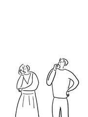 男女の感情（考える、悩む）、縦、線画