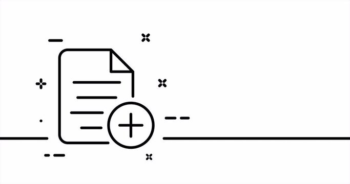 File with plus. Add new information, text document, pdf file, private, book, note. Data set concept. One line drawing animation. Motion design. Animated technology logo. Video 4K