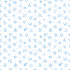 Seamless pattern with snow. Falling blue snowflakes on white background. Vector illustration with snowflakes. Can be used for wallpaper, pattern fills, textile, web page background, surface textures.
