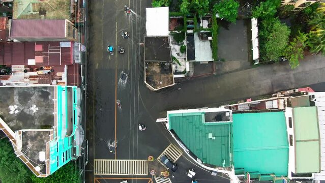 Bird eye view over flow rain water flooding the roadway from Dagupan City, Philippines