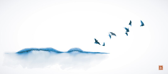 Blue landscape with birds flying over the hill. Traditional oriental ink painting sumi-e, u-sin, go-hua. Translation of hieroglyph - eternity.